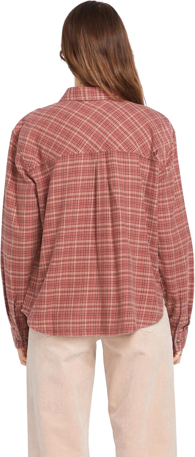 Volcom Women's Plaid to Meet U Long Sleeve Flannel Shirt Chestnut Brown