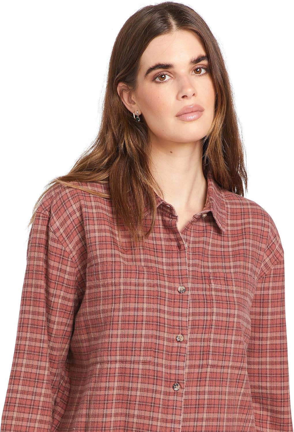 Volcom Women's Plaid to Meet U Long Sleeve Flannel Shirt Chestnut Brown