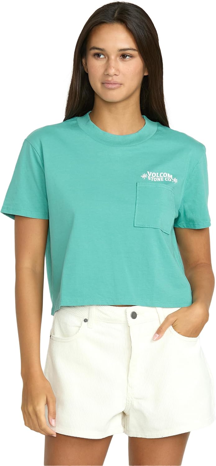 Volcom Women's Short Sleeve Pocket Dial Tee – Crew Neck T-Shirt with Chest Pocket and Screen Print Stormy Blue