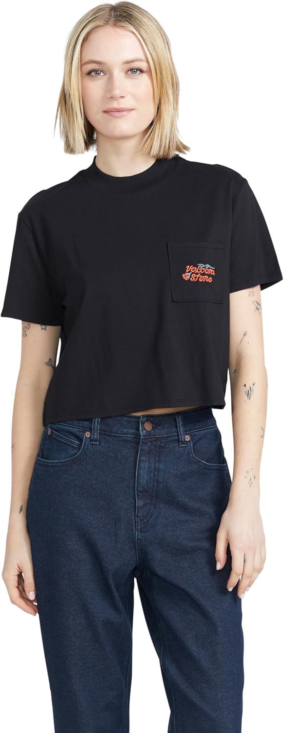 Volcom Women's Short Sleeve Pocket Dial Tee – Crew Neck T-Shirt with Chest Pocket and Screen Print Black Red
