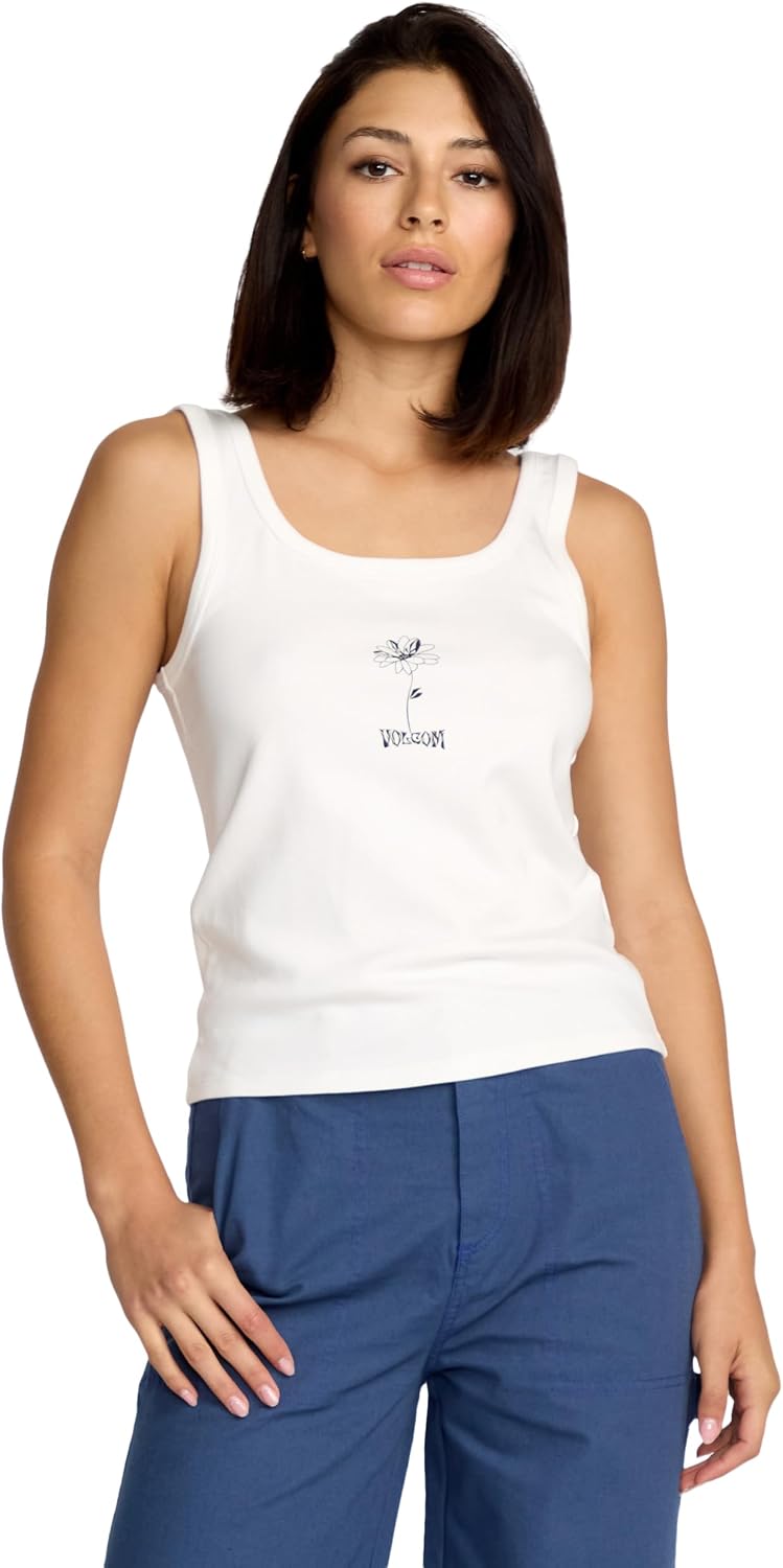 Volcom Women's to The Bank Organic Cotton Graphic Tank Top – Relaxed Boxy Fit, Breezy Summer Style Star White Time