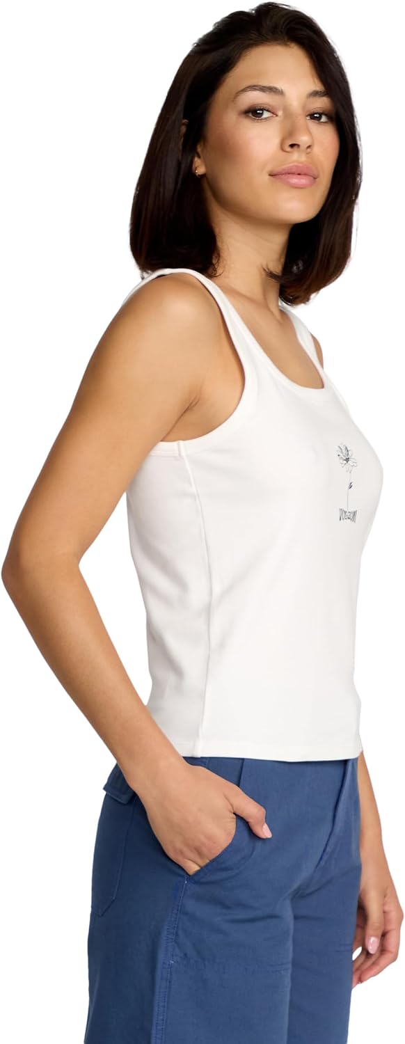 Volcom Women's to The Bank Organic Cotton Graphic Tank Top – Relaxed Boxy Fit, Breezy Summer Style Star White Time