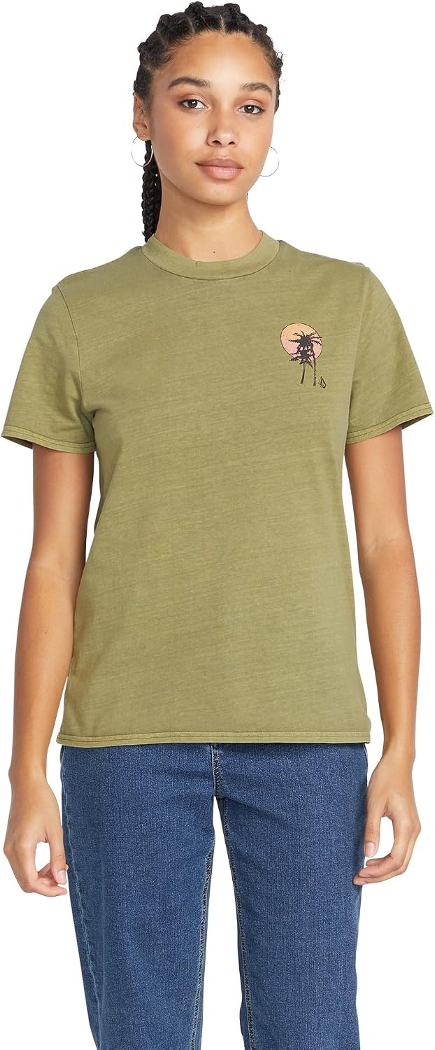 Volcom Women's Lock It Up Short Sleeve Tee – Crew Neck T-Shirt with Striped Neck Taping Moss