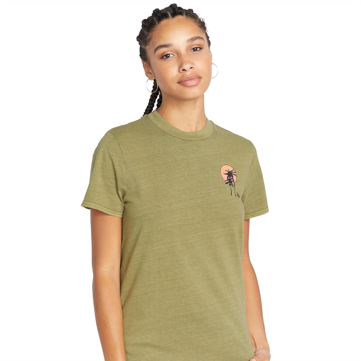 Volcom Women's Lock It Up Short Sleeve Tee – Crew Neck T-Shirt with Striped Neck Taping Moss