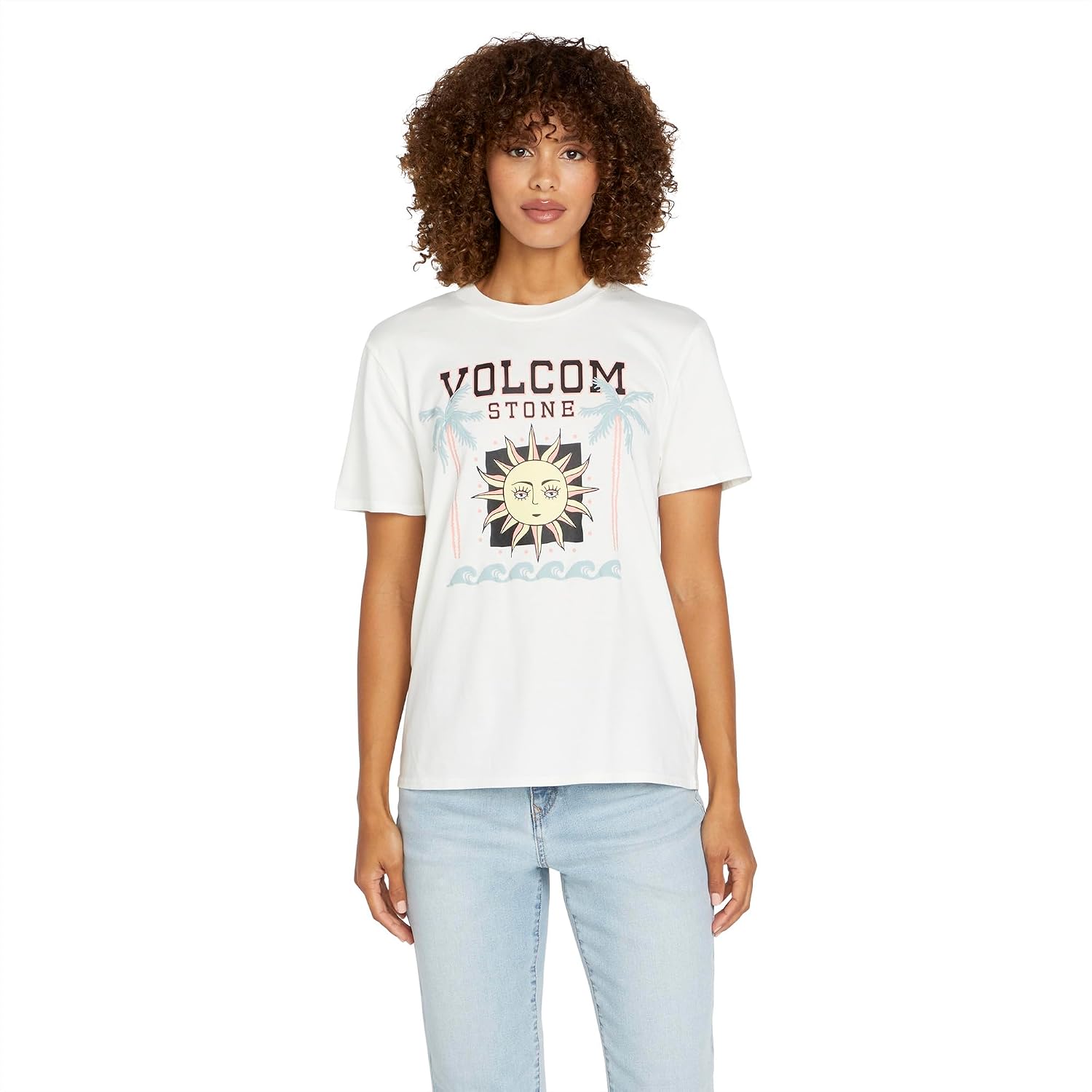 Volcom Women's Lock It Up Short Sleeve Tee – Crew Neck T-Shirt with Striped Neck Taping Star Light