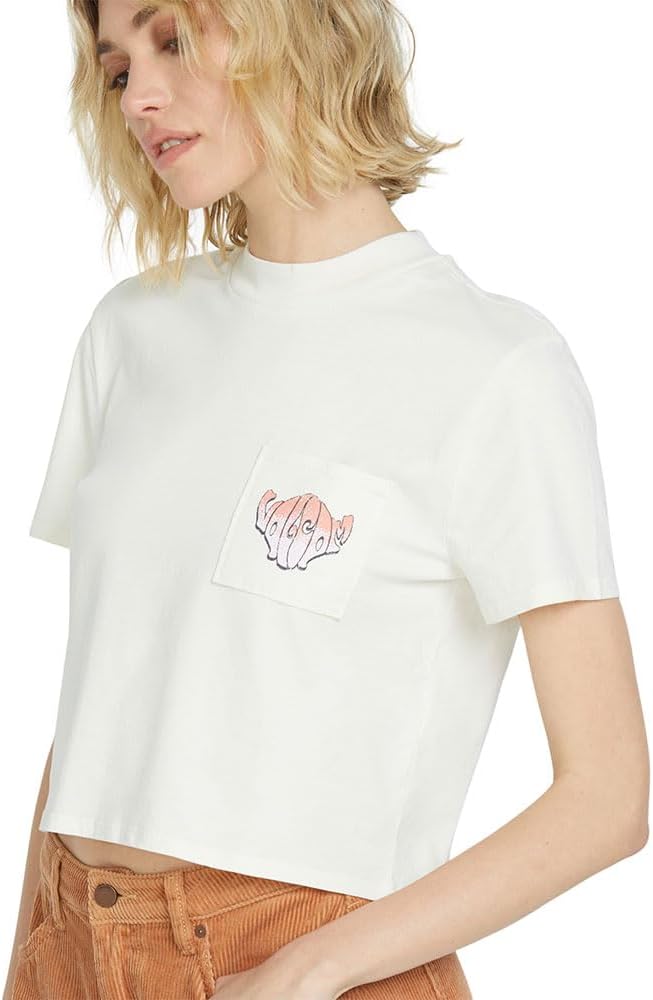 Volcom Women's Short Sleeve Pocket Dial Tee – Crew Neck T-Shirt with Chest Pocket and Screen Print Bone White