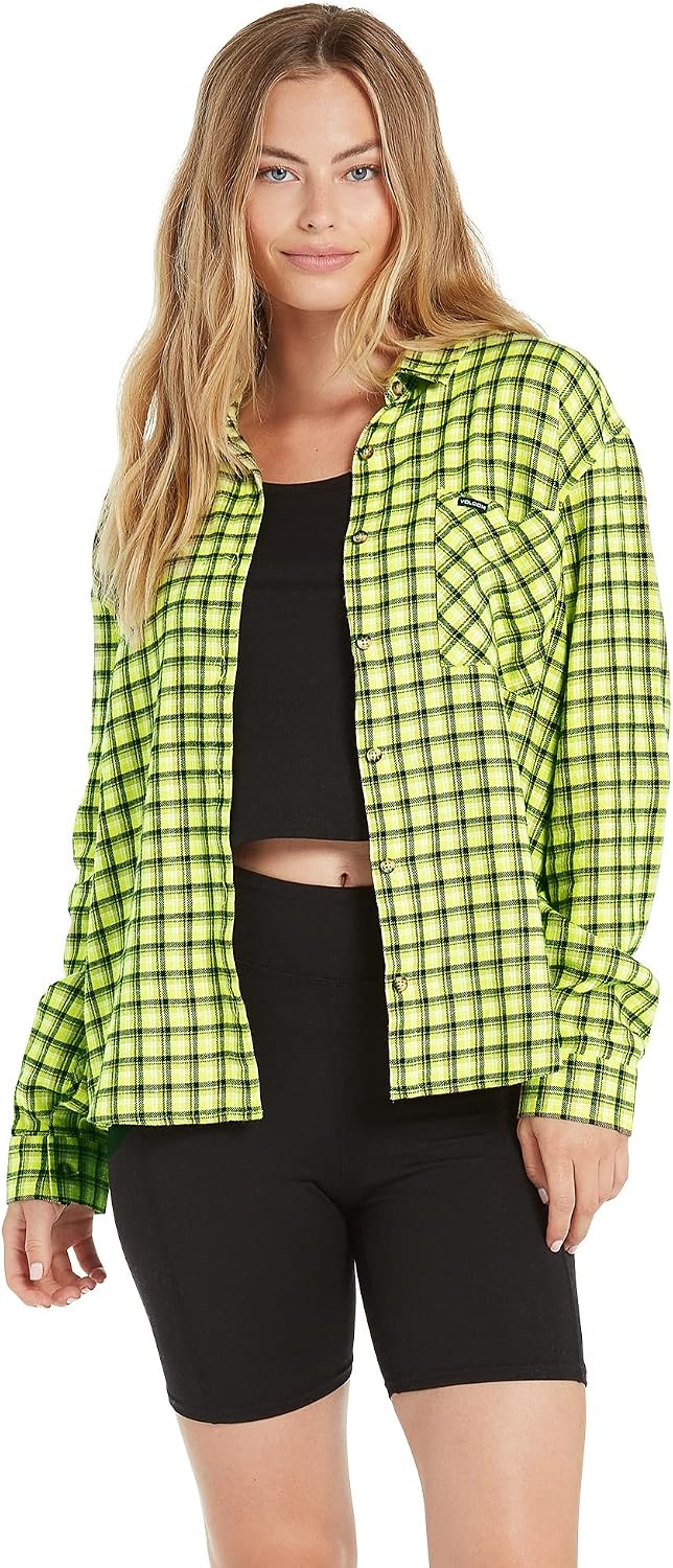 Volcom Women's Plaid to Meet U Long Sleeve Flannel Shirt Lime