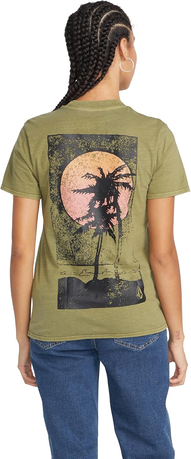 Volcom Women's Lock It Up Short Sleeve Tee – Crew Neck T-Shirt with Striped Neck Taping Moss
