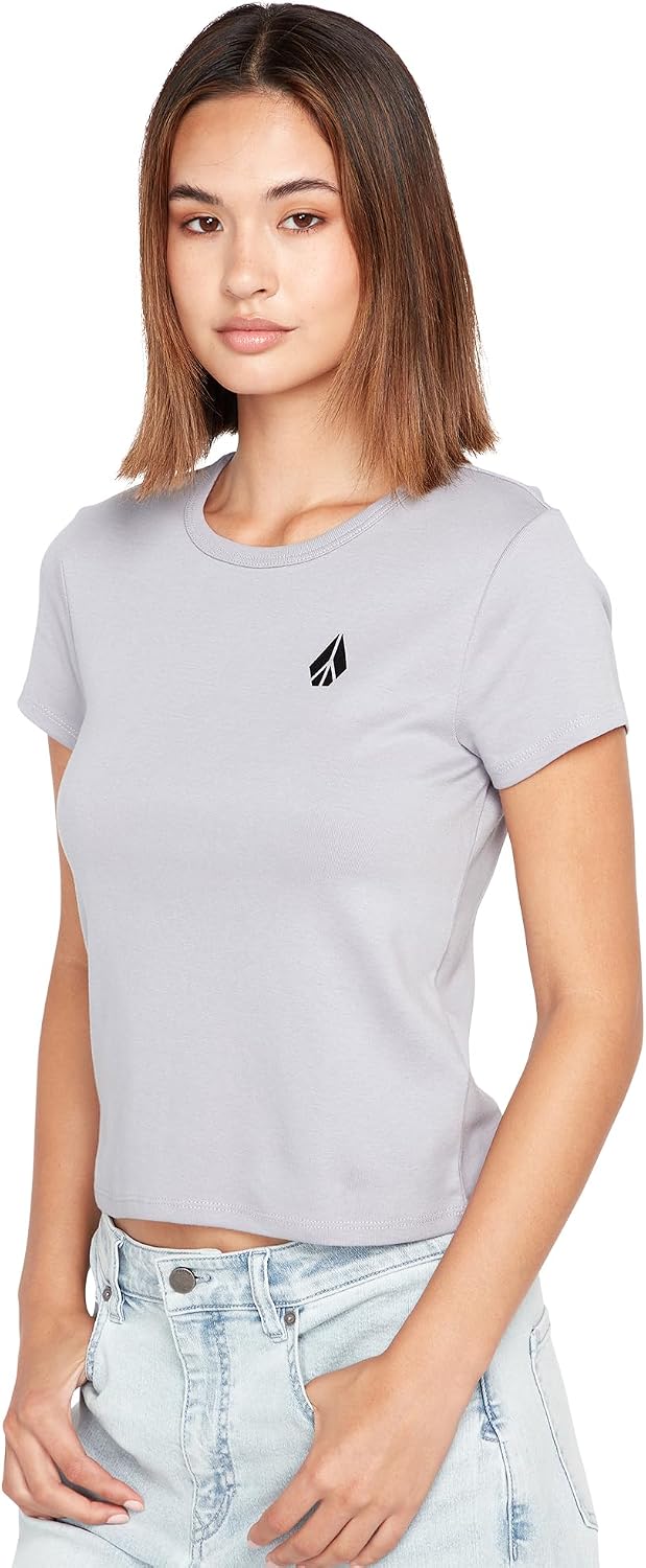 Volcom Women's Have a Clue Short Sleeve Tee – Fitted T-Shirt with Striped Neck Taping Moonbeam