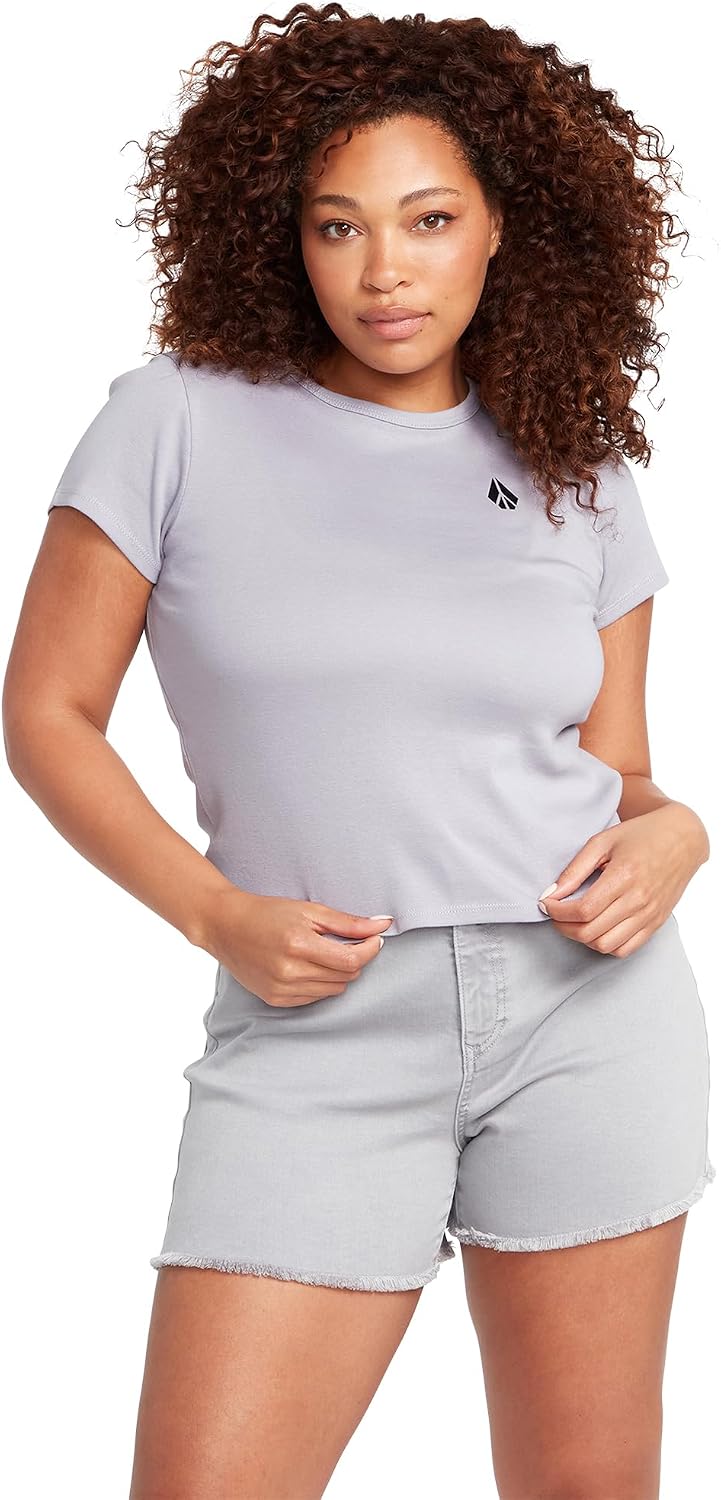 Volcom Women's Have a Clue Short Sleeve Tee – Fitted T-Shirt with Striped Neck Taping Moonbeam
