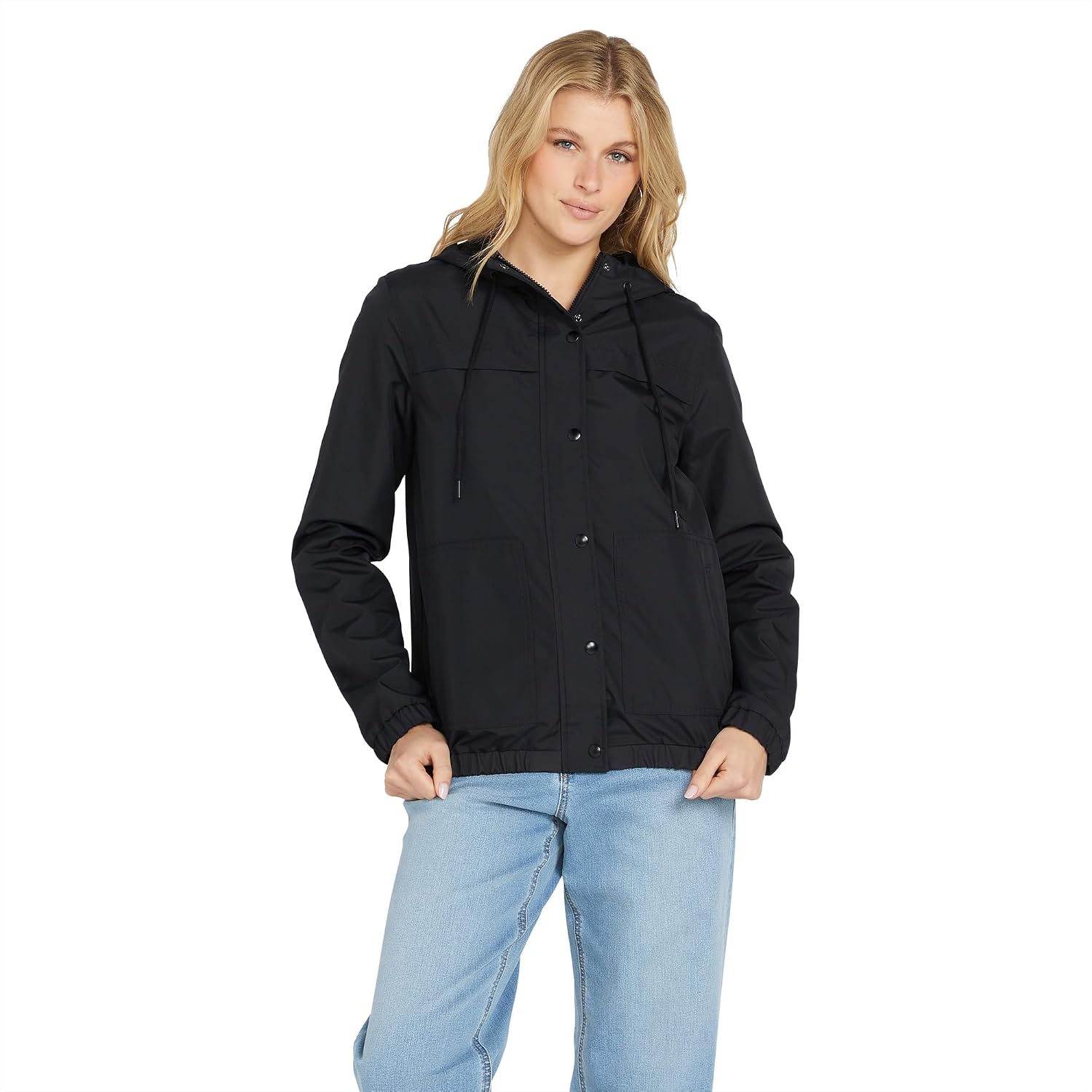 Volcom Women's Enemy Stone Hooded Zip Front Windbreaker Jacket Black 1