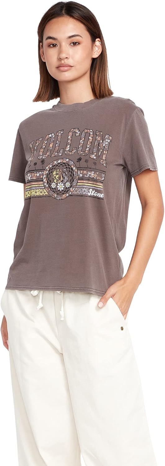 Volcom Women's Lock It Up Short Sleeve Tee – Crew Neck T-Shirt with Striped Neck Taping Slate Grey