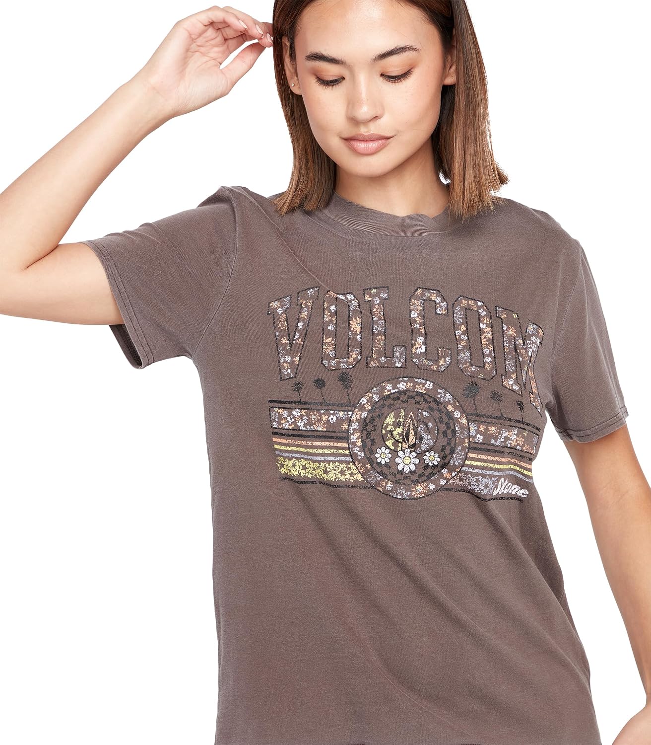 Volcom Women's Lock It Up Short Sleeve Tee – Crew Neck T-Shirt with Striped Neck Taping Slate Grey