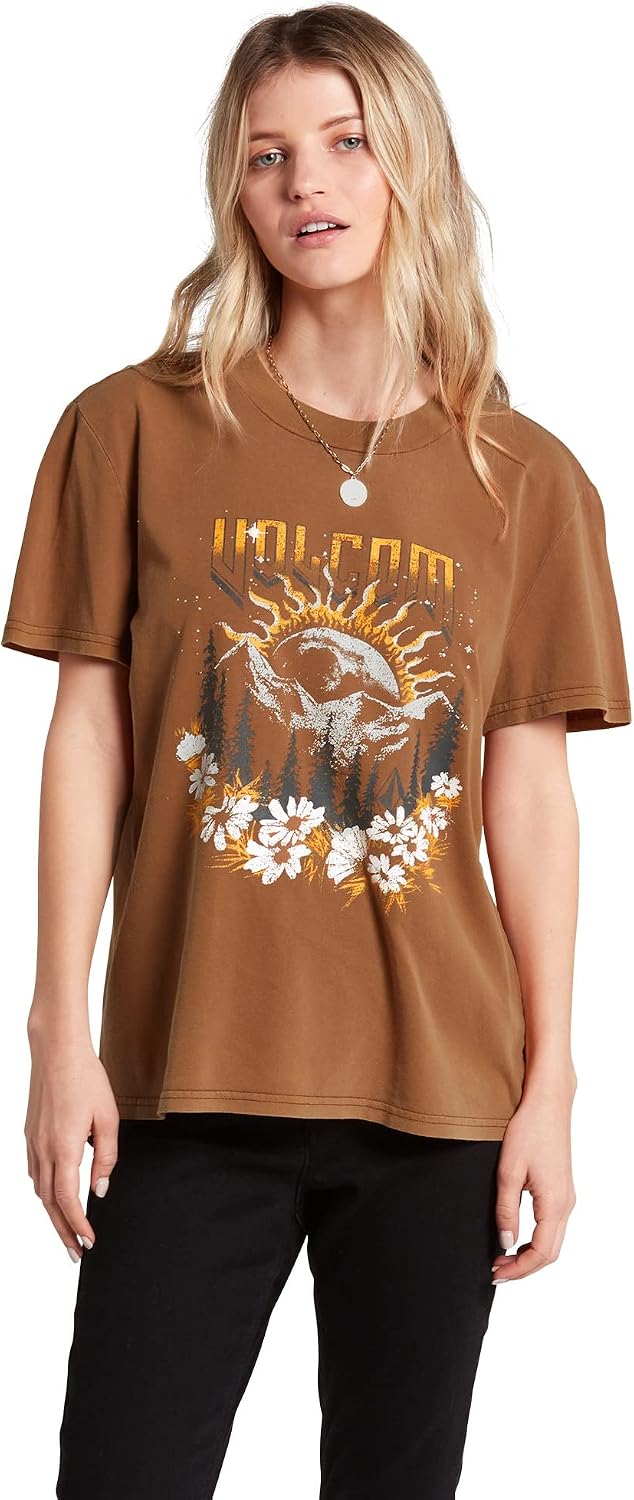 Volcom Women's Lock It Up Short Sleeve Tee – Crew Neck T-Shirt with Striped Neck Taping Bronze