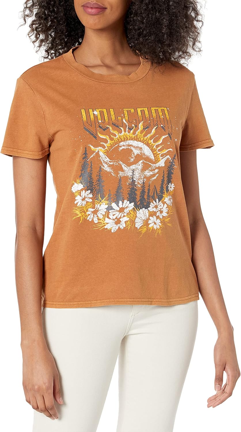 Volcom Women's Lock It Up Short Sleeve Tee – Crew Neck T-Shirt with Striped Neck Taping Bronze