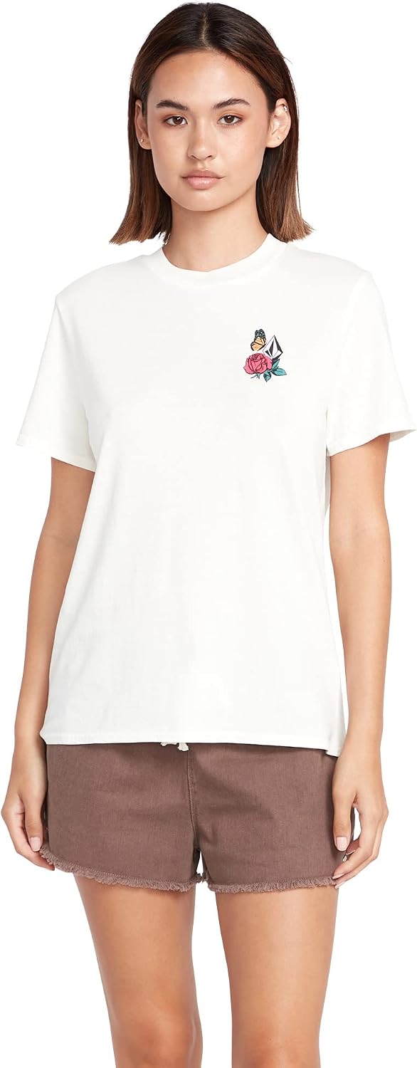 Volcom Women's Lock It Up Short Sleeve Tee – Crew Neck T-Shirt with Striped Neck Taping Star Star White