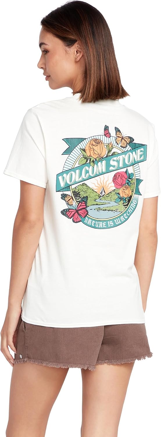 Volcom Women's Lock It Up Short Sleeve Tee – Crew Neck T-Shirt with Striped Neck Taping Star Star White