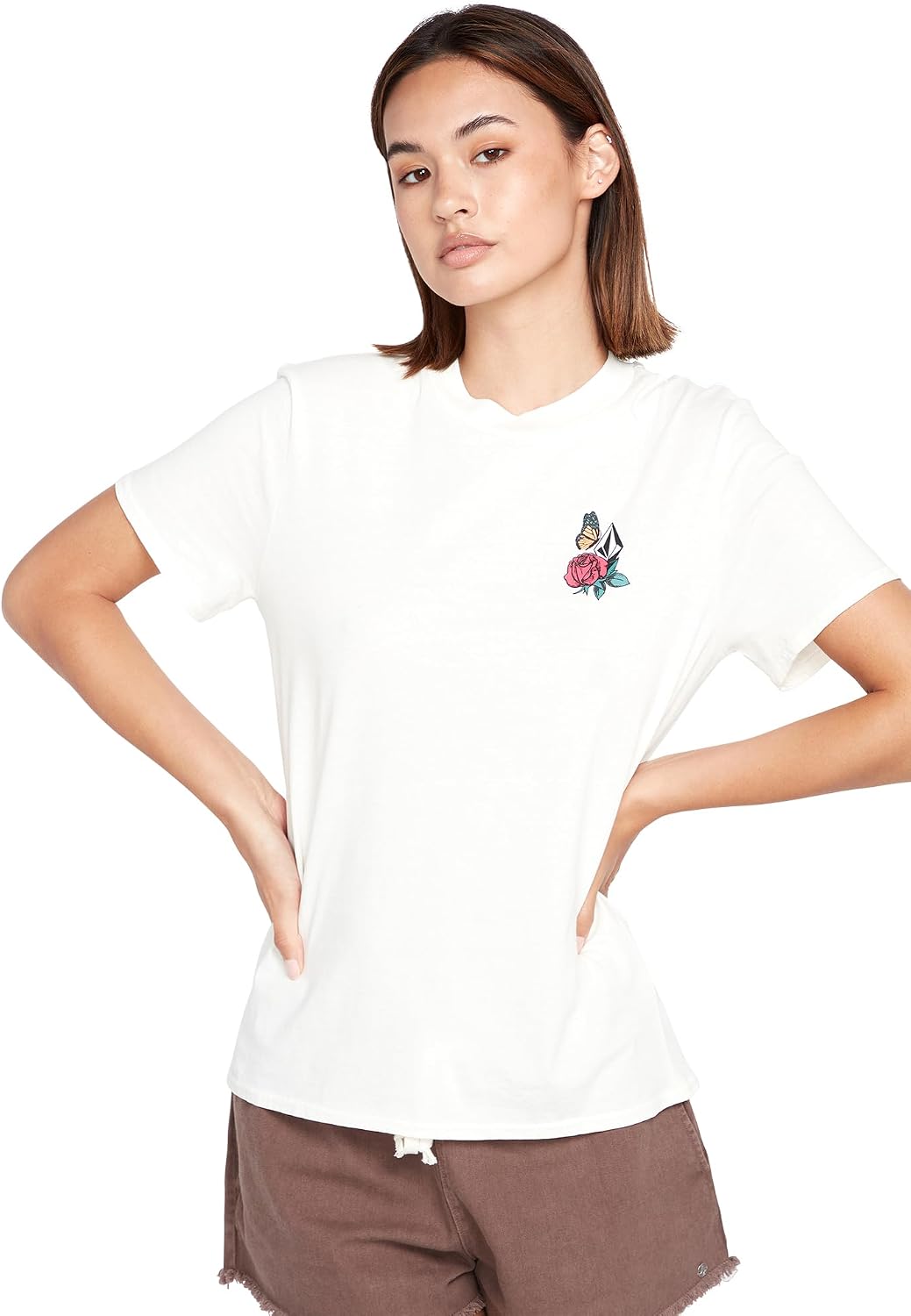 Volcom Women's Lock It Up Short Sleeve Tee – Crew Neck T-Shirt with Striped Neck Taping Star Star White