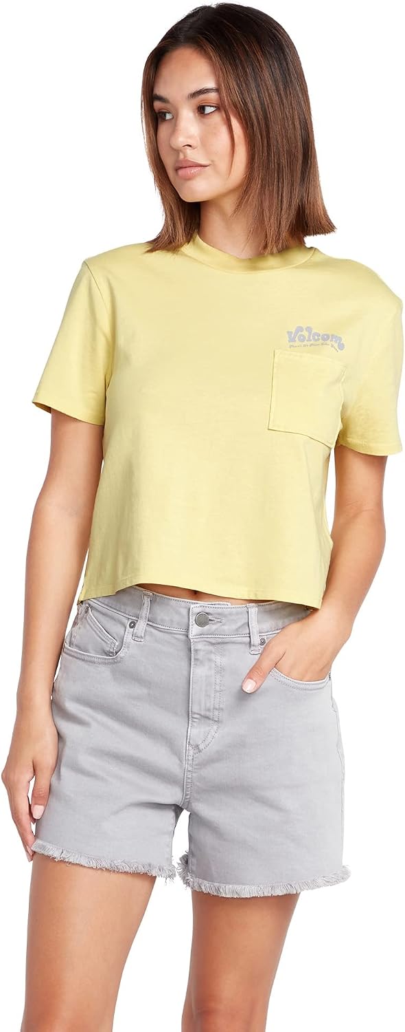 Volcom Women's Short Sleeve Pocket Dial Tee – Crew Neck T-Shirt with Chest Pocket and Screen Print Citron