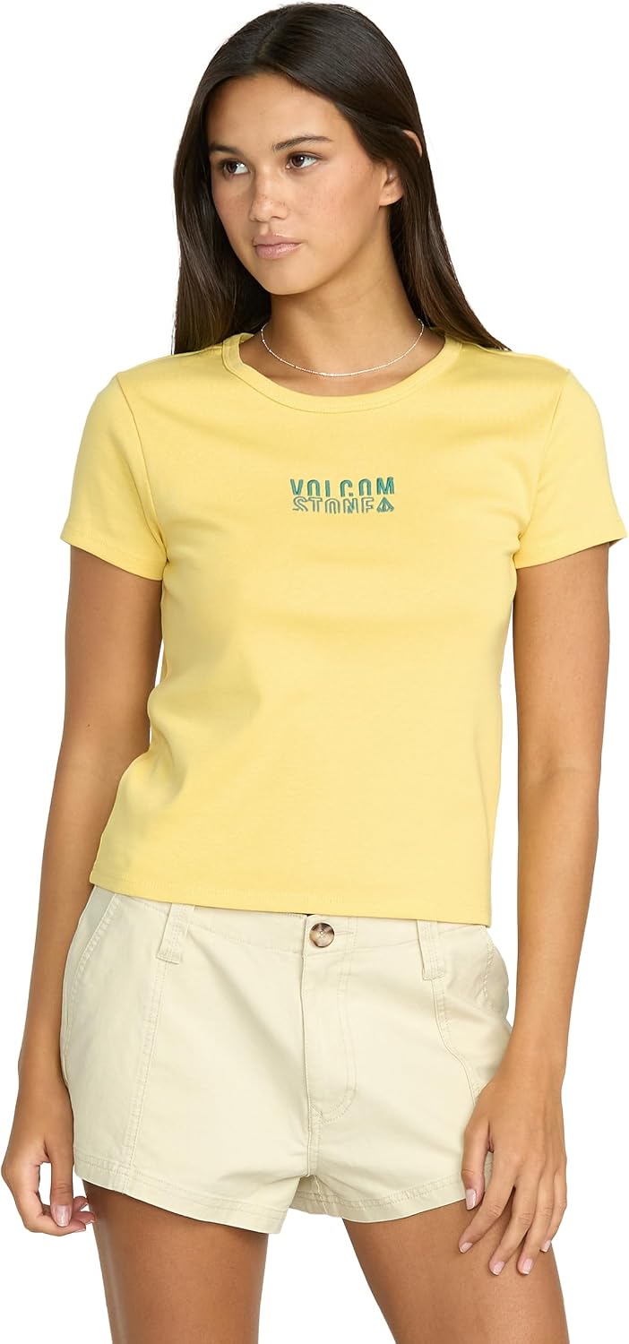 Volcom Women's Have a Clue Short Sleeve Tee – Fitted T-Shirt with Striped Neck Taping Dust Yellow
