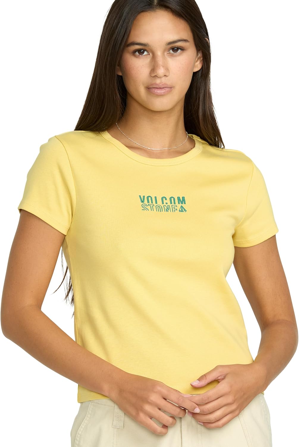 Volcom Women's Have a Clue Short Sleeve Tee – Fitted T-Shirt with Striped Neck Taping Dust Yellow