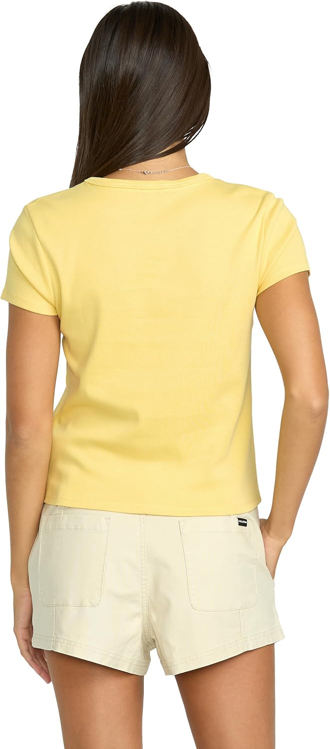 Volcom Women's Have a Clue Short Sleeve Tee – Fitted T-Shirt with Striped Neck Taping Dust Yellow