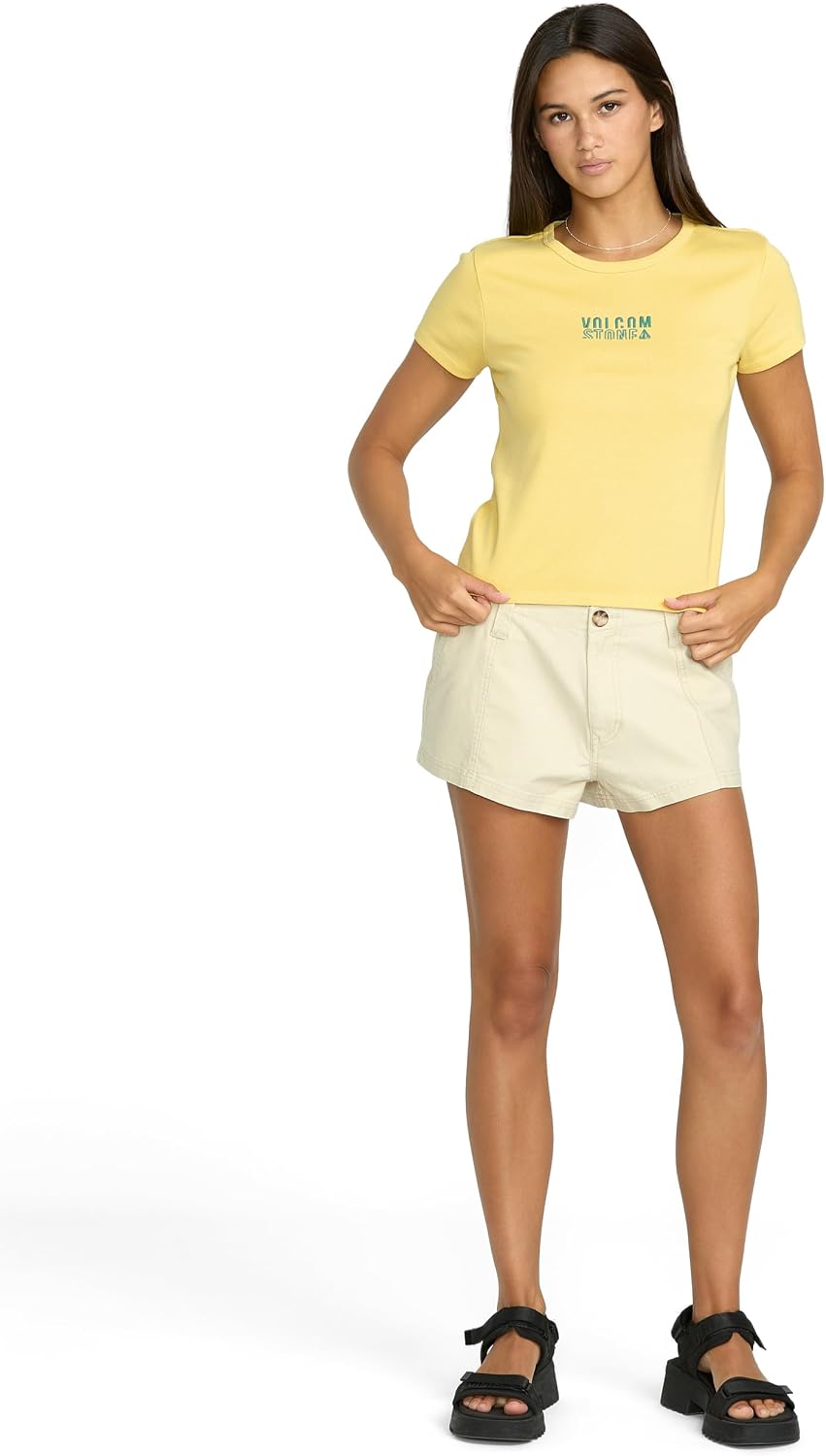 Volcom Women's Have a Clue Short Sleeve Tee – Fitted T-Shirt with Striped Neck Taping Dust Yellow