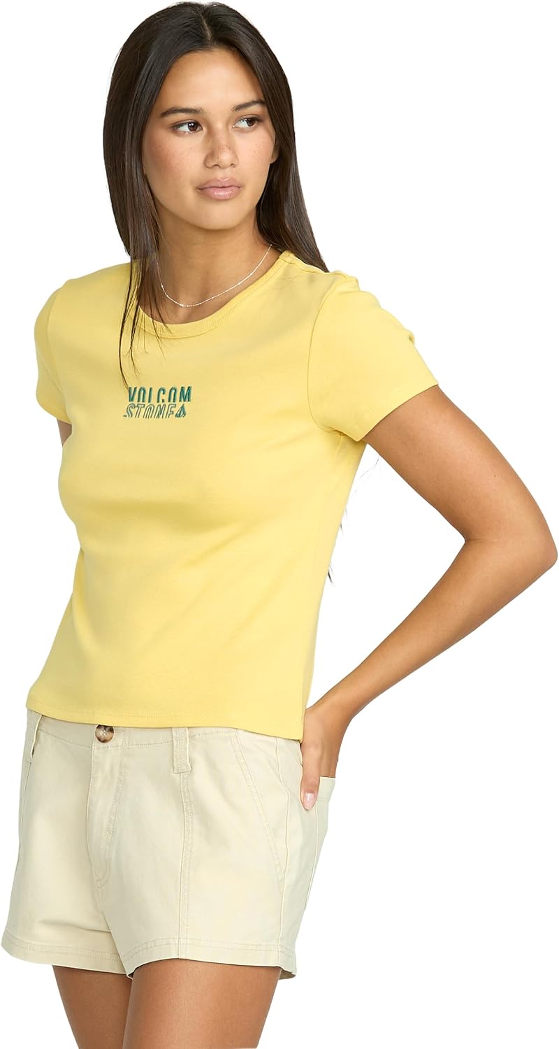 Volcom Women's Have a Clue Short Sleeve Tee – Fitted T-Shirt with Striped Neck Taping Dust Yellow