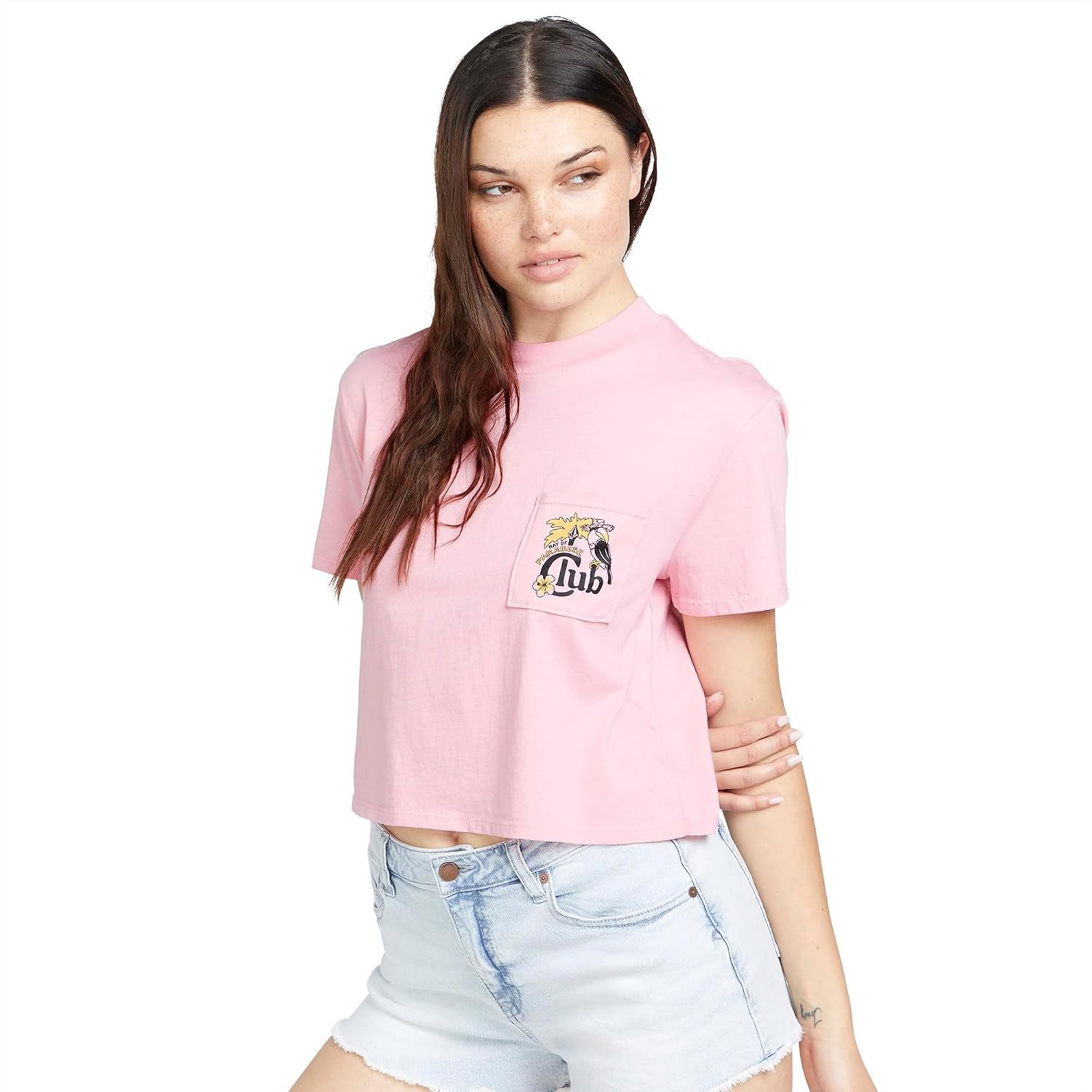 Volcom Women's Short Sleeve Pocket Dial Tee – Crew Neck T-Shirt with Chest Pocket and Screen Print Guava