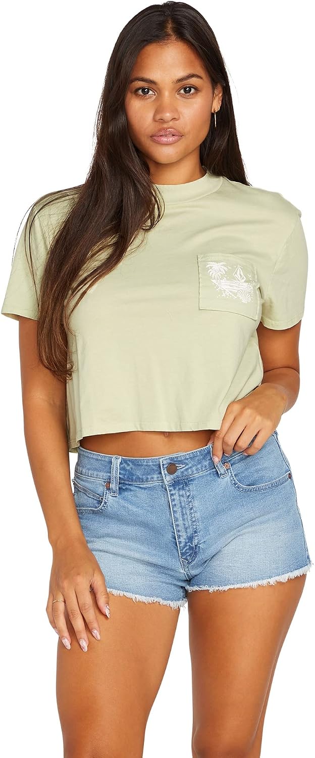 Volcom Women's Short Sleeve Pocket Dial Tee – Crew Neck T-Shirt with Chest Pocket and Screen Print Sage