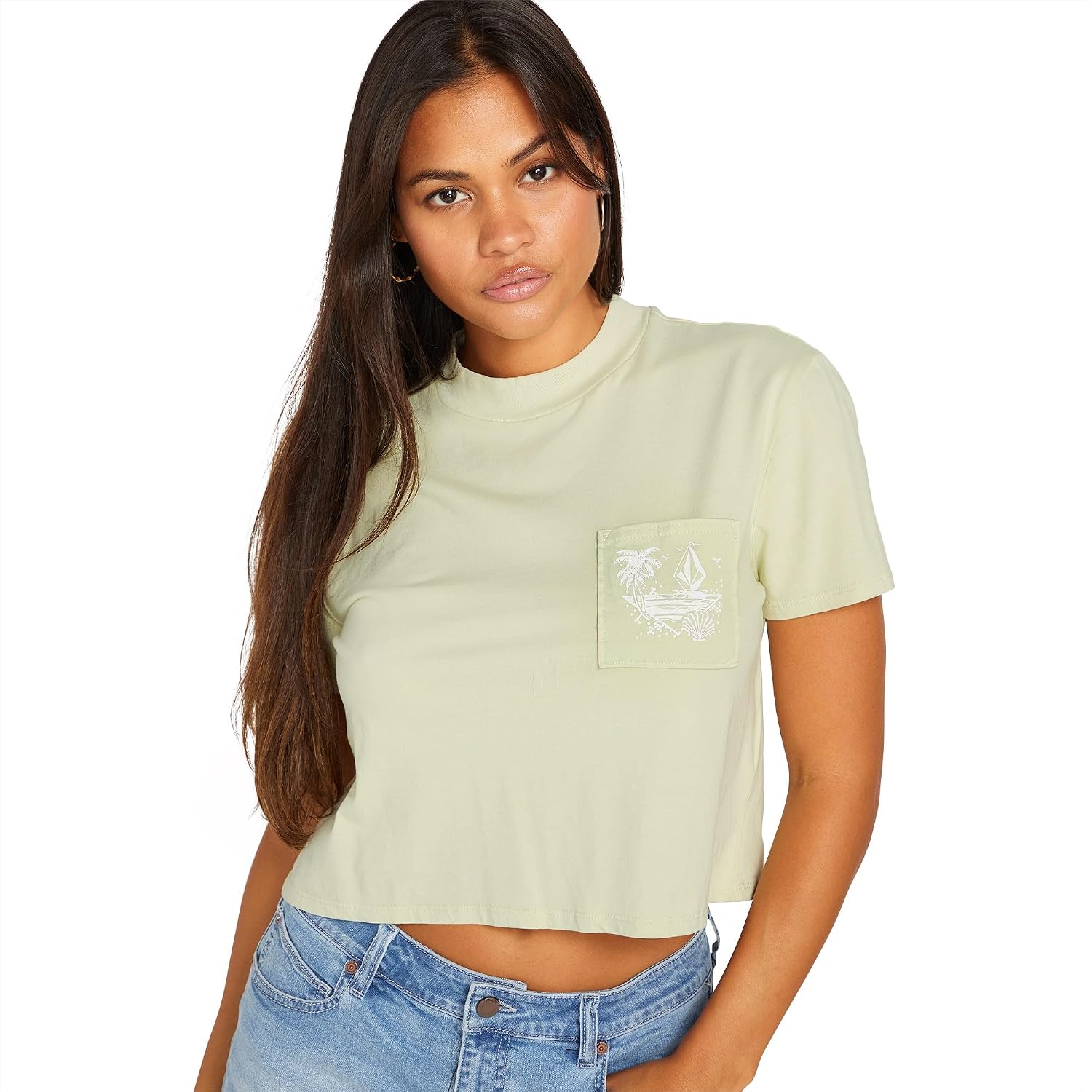 Volcom Women's Short Sleeve Pocket Dial Tee – Crew Neck T-Shirt with Chest Pocket and Screen Print Sage