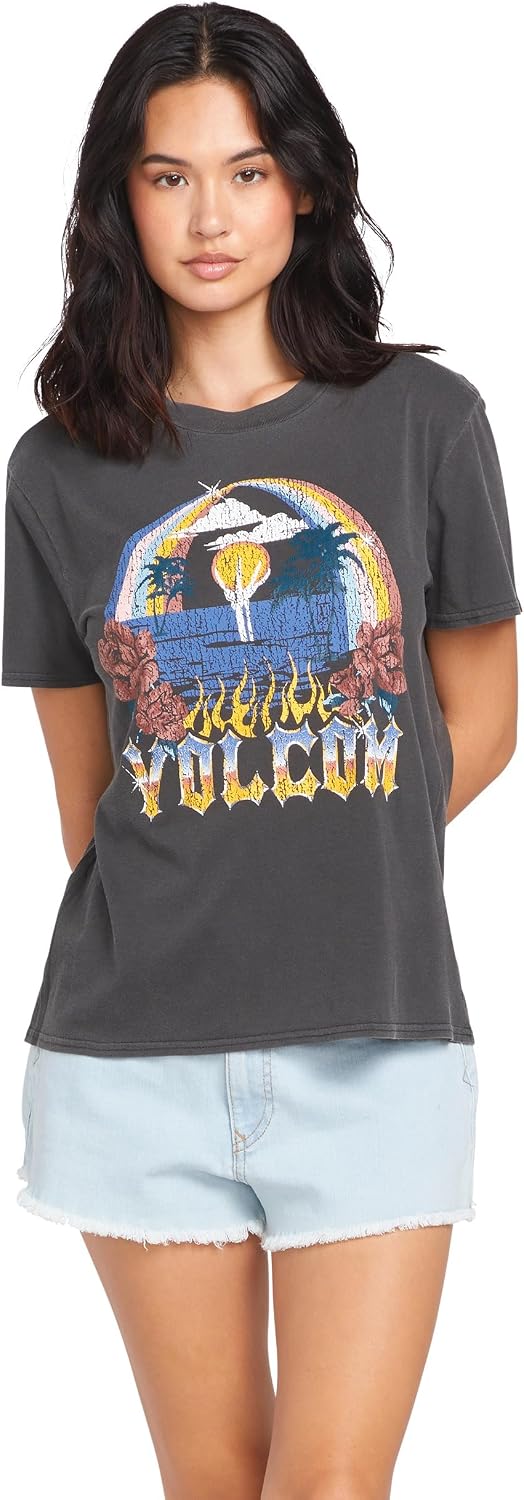 Volcom Women's Lock It Up Short Sleeve Tee – Crew Neck T-Shirt with Striped Neck Taping Black White