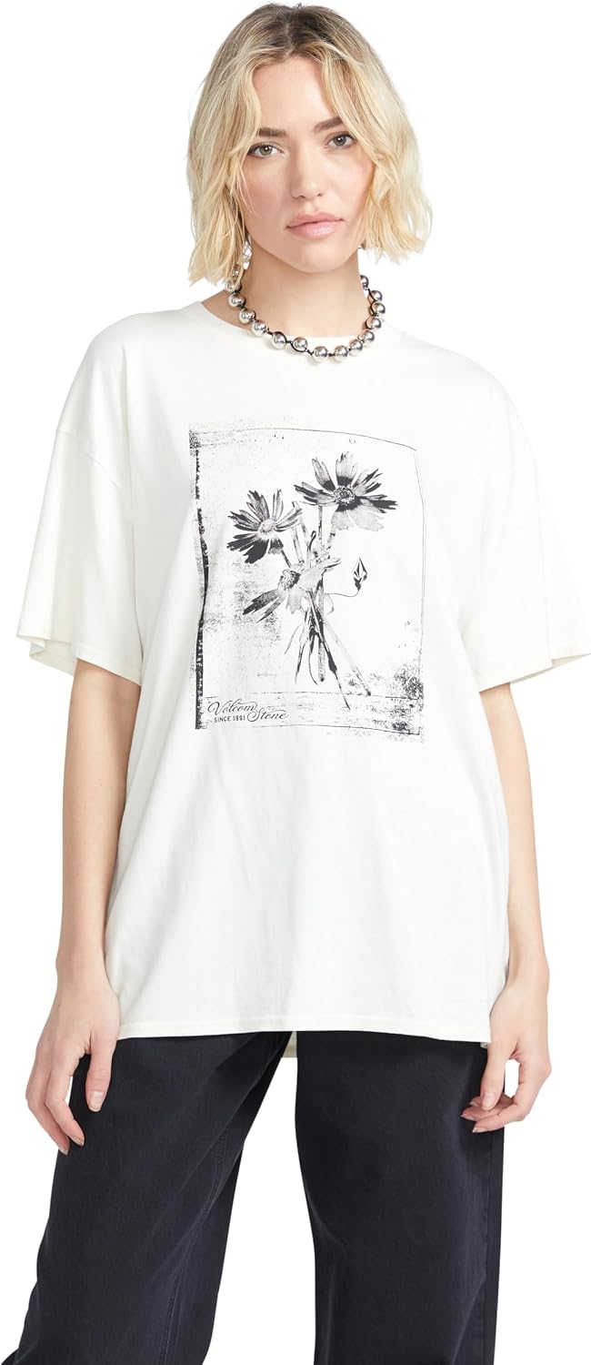 Volcom Women's Stones Throw Short Sleeve Boyfriend Tee – Organic Cotton Jersey T-Shirt Bone White