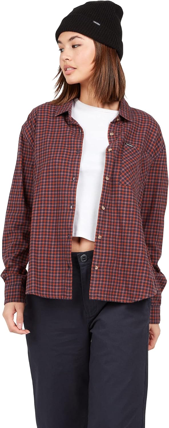 Volcom Women's Plaid to Meet U Long Sleeve Flannel Shirt Midnight Blue