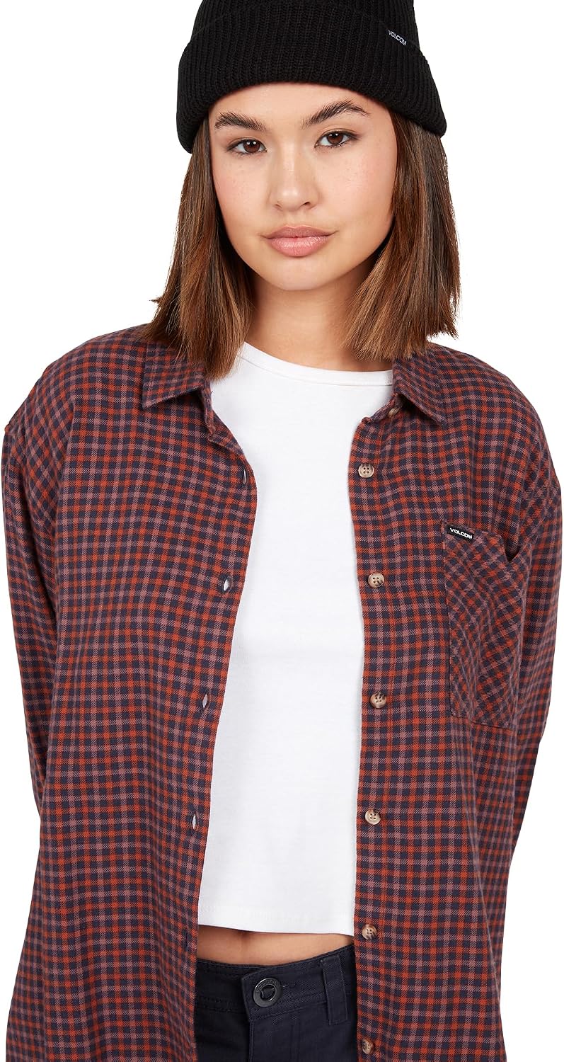 Volcom Women's Plaid to Meet U Long Sleeve Flannel Shirt Midnight Blue