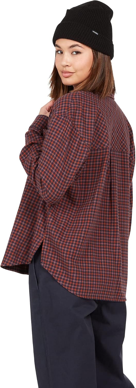 Volcom Women's Plaid to Meet U Long Sleeve Flannel Shirt Midnight Blue