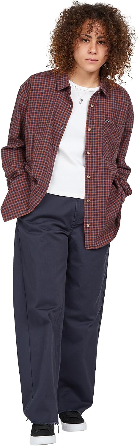 Volcom Women's Plaid to Meet U Long Sleeve Flannel Shirt Midnight Blue