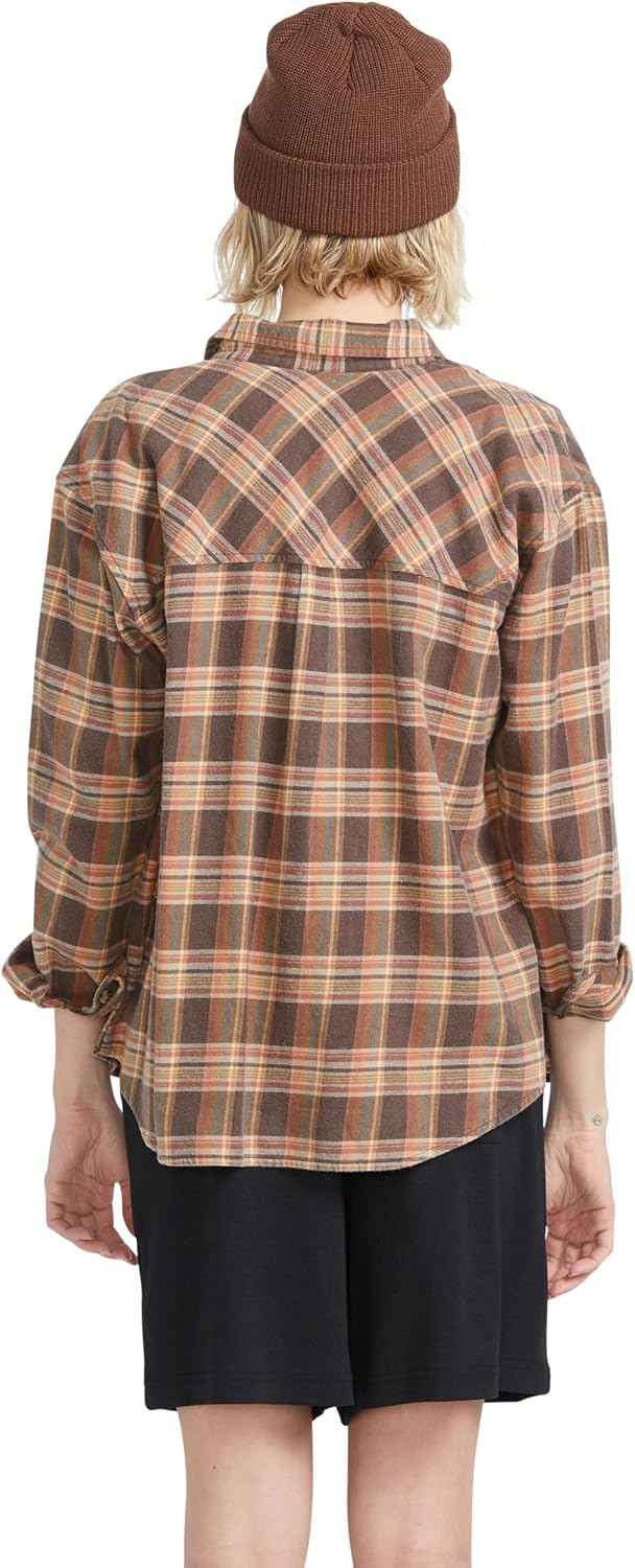 Volcom Women's Plaid to Meet U Long Sleeve Flannel Shirt Vintage Brown