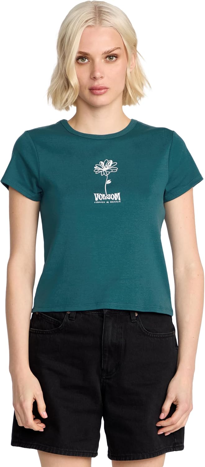 Volcom Women's Have a Clue Short Sleeve Tee – Fitted T-Shirt with Striped Neck Taping Emerald Green