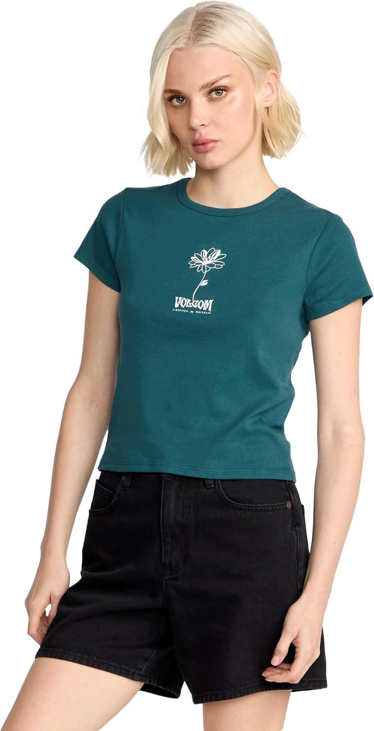 Volcom Women's Have a Clue Short Sleeve Tee – Fitted T-Shirt with Striped Neck Taping Emerald Green