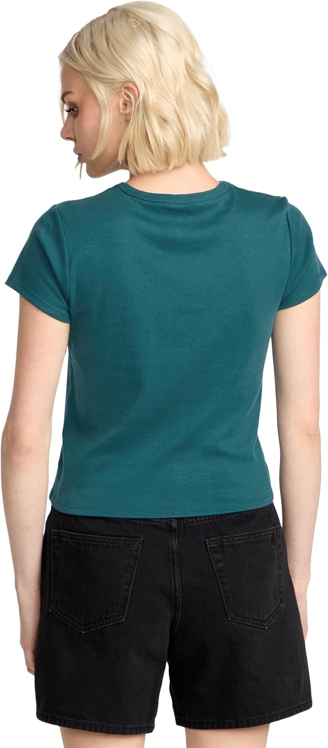 Volcom Women's Have a Clue Short Sleeve Tee – Fitted T-Shirt with Striped Neck Taping Emerald Green