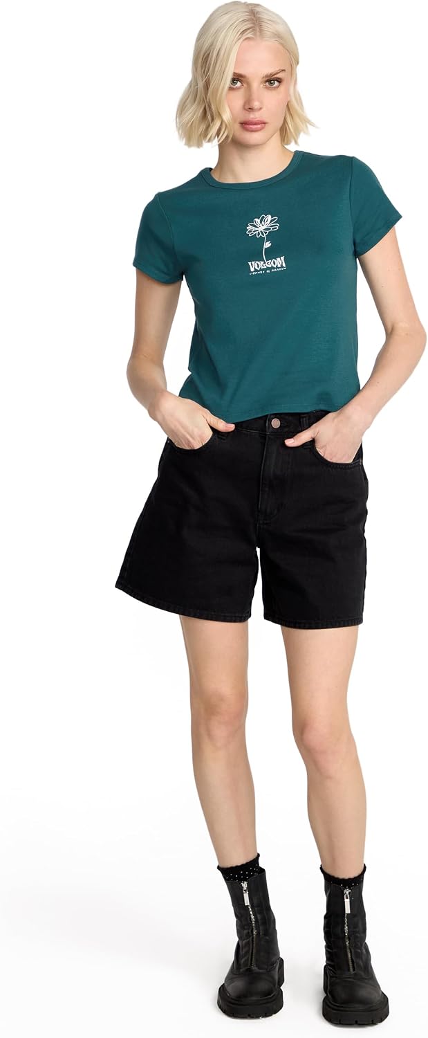 Volcom Women's Have a Clue Short Sleeve Tee – Fitted T-Shirt with Striped Neck Taping Emerald Green