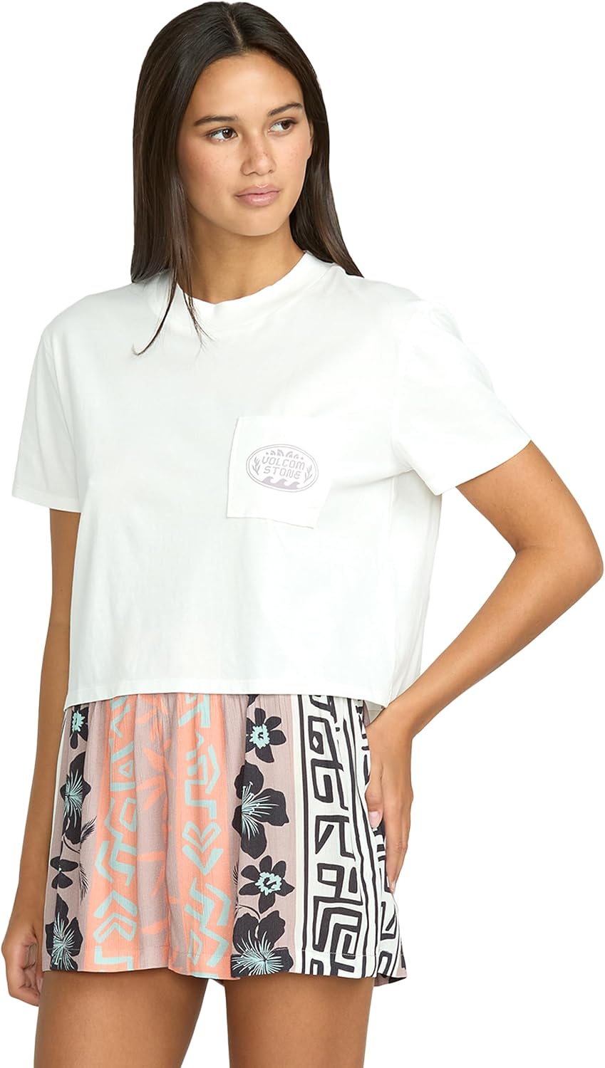 Volcom Women's Short Sleeve Pocket Dial Tee – Crew Neck T-Shirt with Chest Pocket and Screen Print Star WhiteWhte