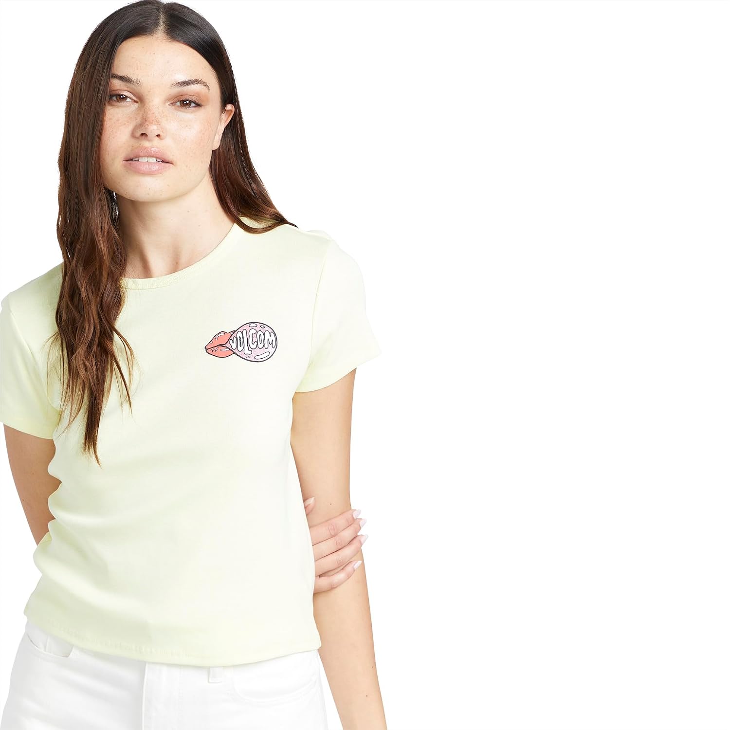 Volcom Women's Have a Clue Short Sleeve Tee – Fitted T-Shirt with Striped Neck Taping Lemon