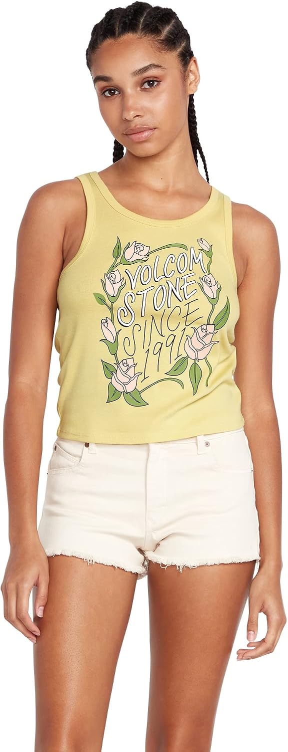 Volcom Women's to The Bank Organic Cotton Graphic Tank Top – Relaxed Boxy Fit, Breezy Summer Style Citron