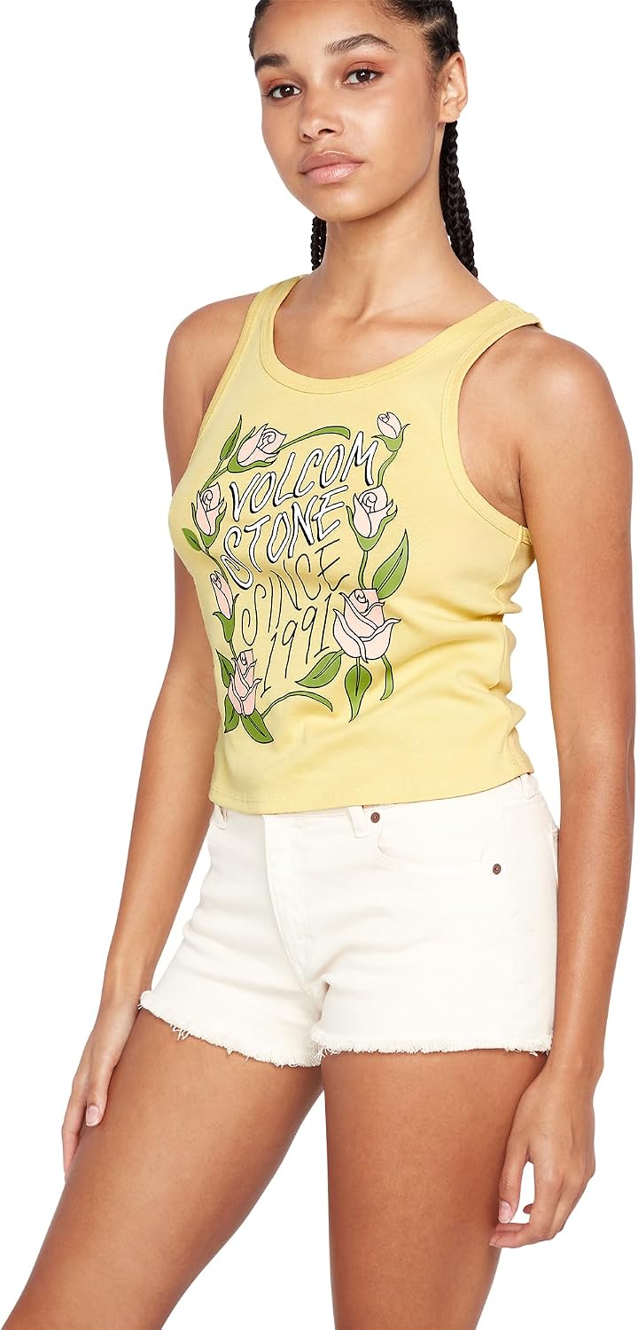 Volcom Women's to The Bank Organic Cotton Graphic Tank Top – Relaxed Boxy Fit, Breezy Summer Style Citron