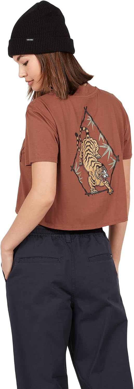 Volcom Women's Short Sleeve Pocket Dial Tee – Crew Neck T-Shirt with Chest Pocket and Screen Print Dark Clay
