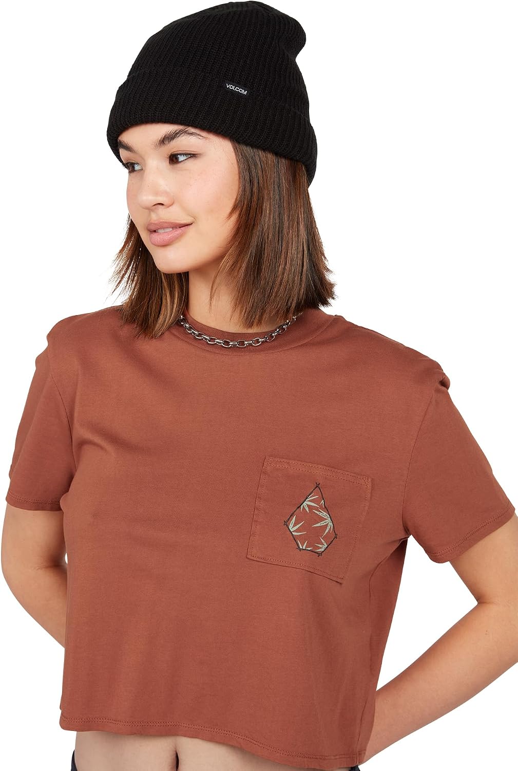 Volcom Women's Short Sleeve Pocket Dial Tee – Crew Neck T-Shirt with Chest Pocket and Screen Print Dark Clay