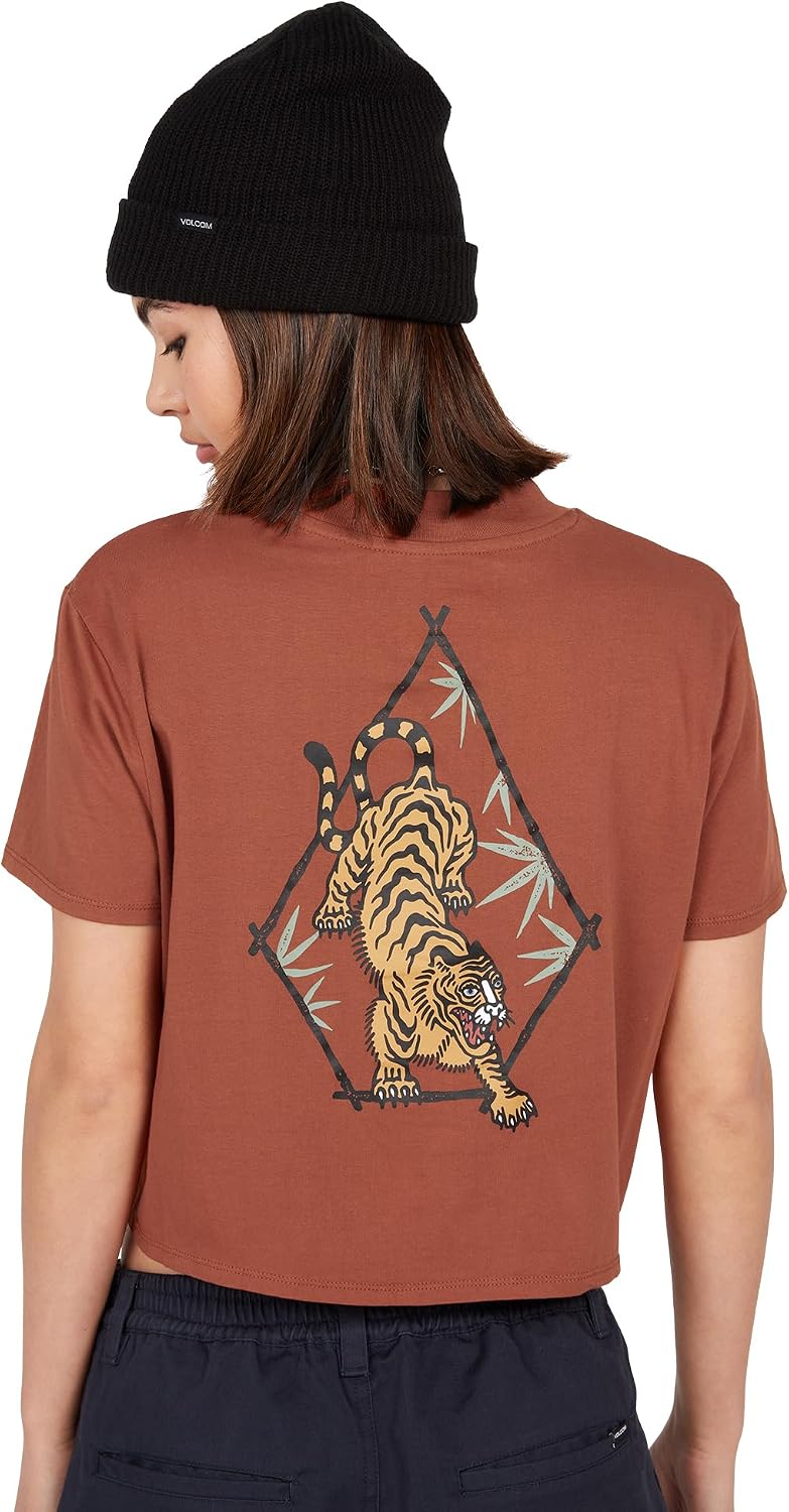 Volcom Women's Short Sleeve Pocket Dial Tee – Crew Neck T-Shirt with Chest Pocket and Screen Print Dark Clay