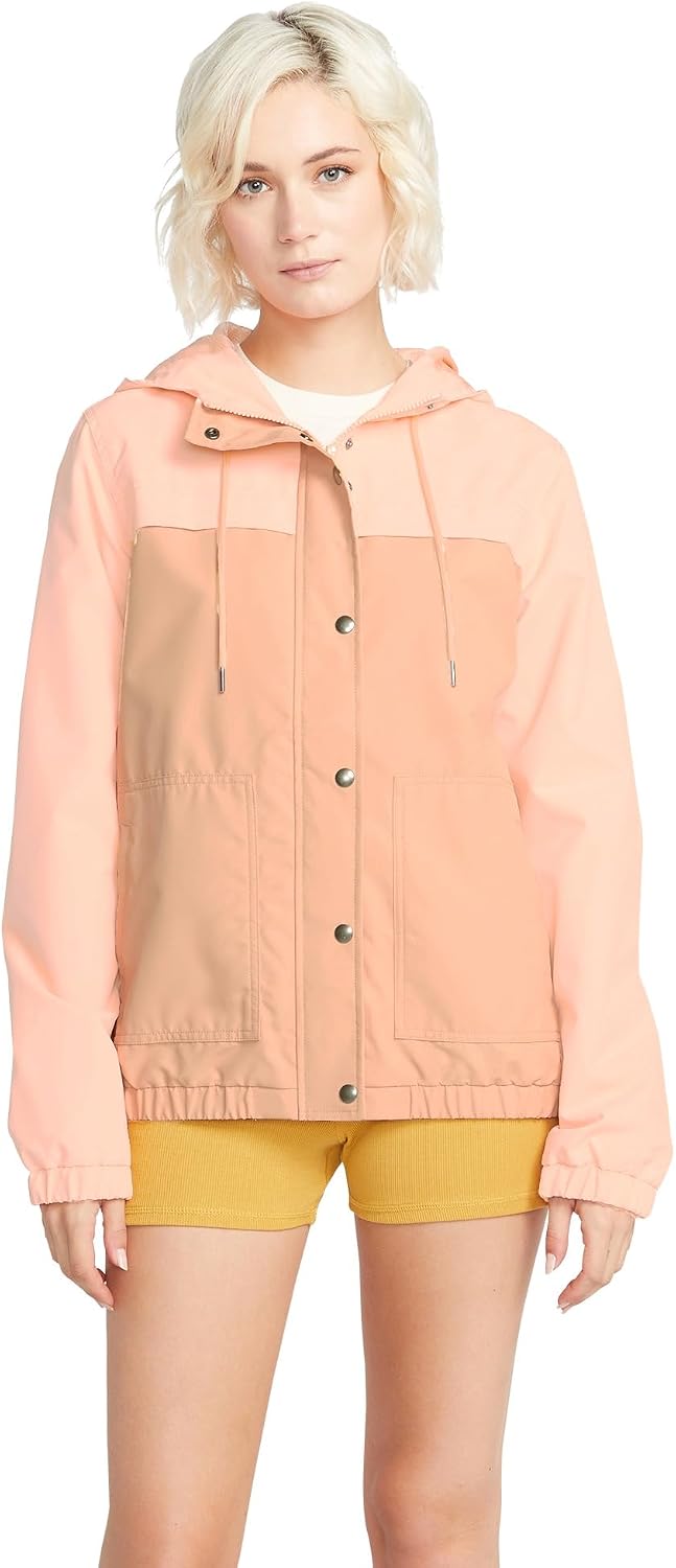 Volcom Women's Enemy Stone Hooded Zip Front Windbreaker Jacket (Regular & Plus Size) Coral